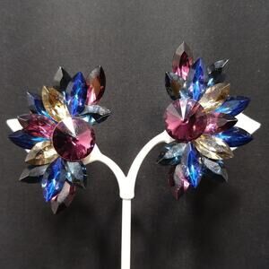 Jewel Colors Austrian Crystal Clip on Earrings, Vintage Purple Blue Rivoli, 2 In